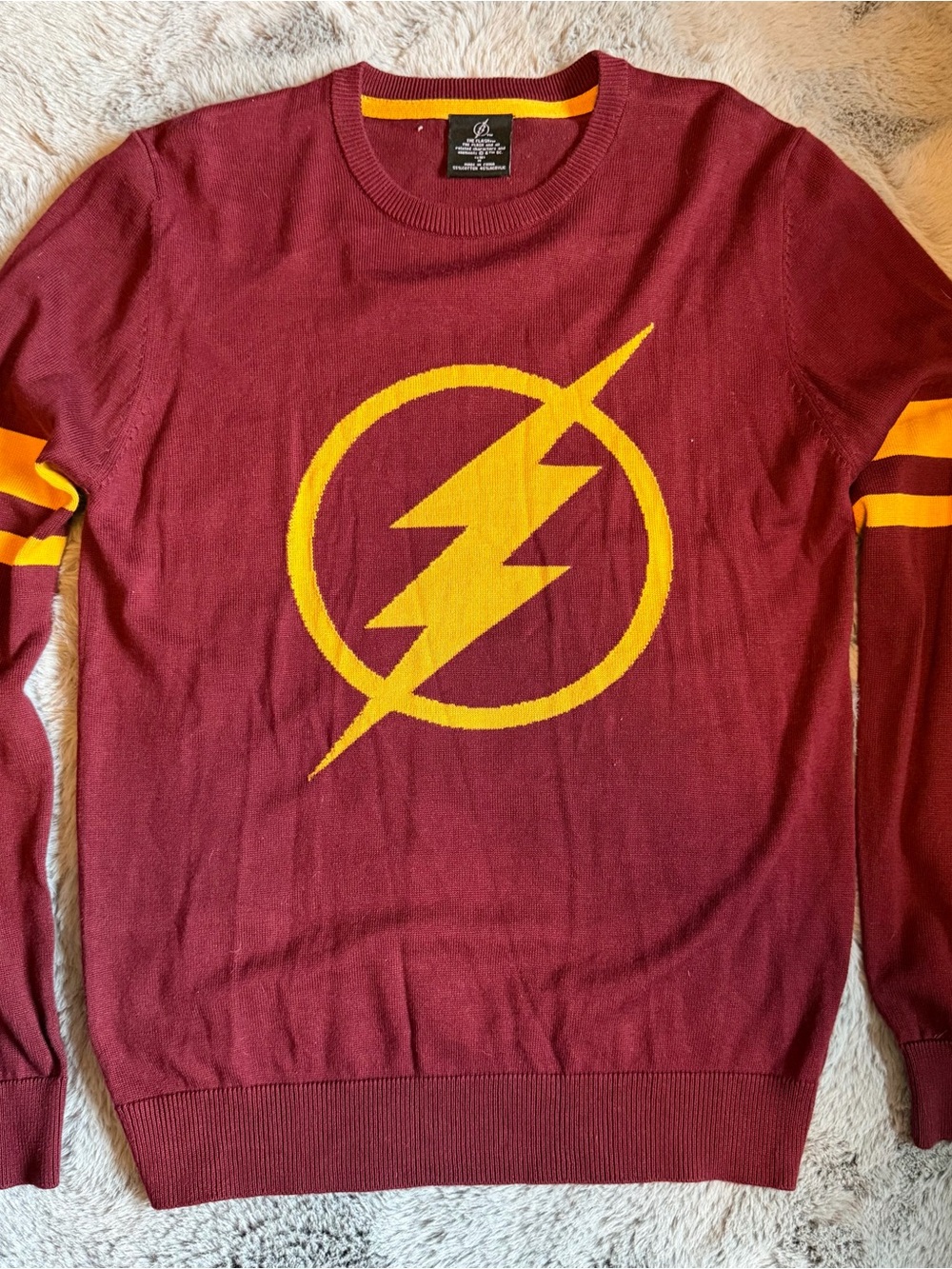 DC Comics The Flash Burgundy Knit Sweater with Yellow Lightning Logo
